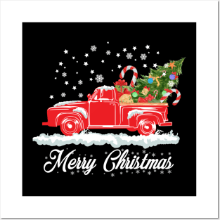 Merry Christmas Retro Vintage Red Truck Posters and Art